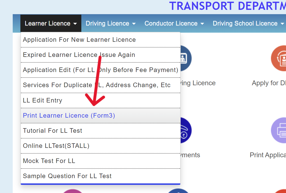 Learner Licence Menu On Sarathi Parivahan